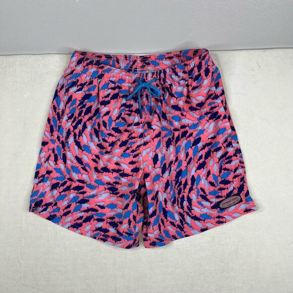 Vineyard Vines Pink & Blue Shark Print 7 Inch Printed Chappy Swim Trunks Small - Picture 3 of 7